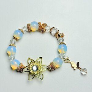 One of a Kind Opalite Bracelet with Gold Floral Charm
